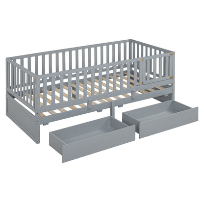 Twin Size Daybed With Fence Guardrails And 2 Drawers, Split Into Independent Floor Bed & Daybed - Gray