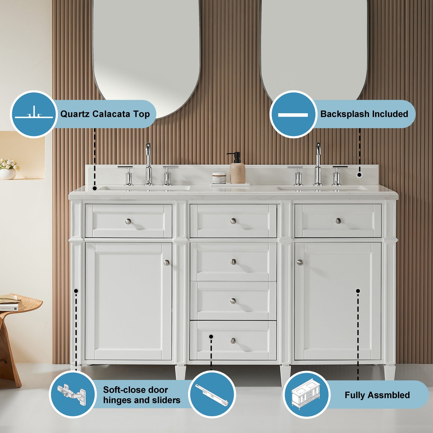 Fully Assembled 60'' Freestanding Double Sinks Bathroom Vanity With Quartz Top - White
