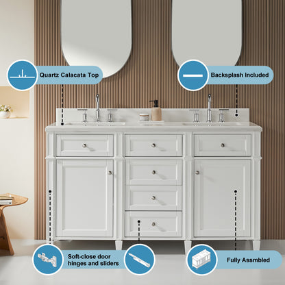 Fully Assembled 60'' Freestanding Double Sinks Bathroom Vanity With Quartz Top - White