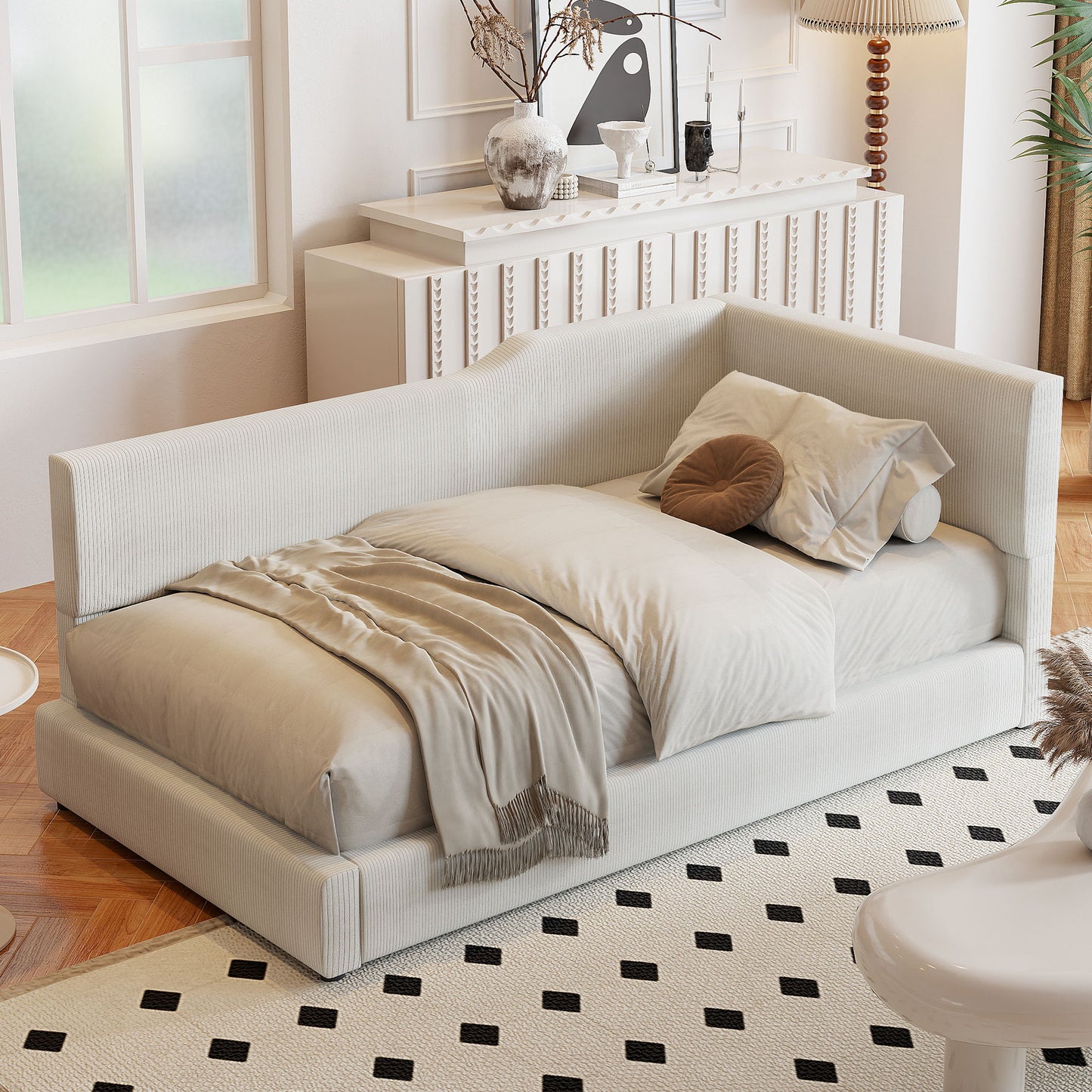 Twin Size L Shaped Upholstered Daybed - Beige