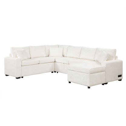 Sectional Sofa Pull-Out Sofa Bed Sleeper With A Storage Ottoman, Three Pillows And Charging Devices For Living Room - Cream