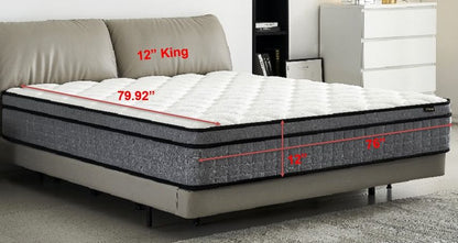 12" King Hybrid Mattress A Box, Pillow Top Bed Cushion With Gel Infused Memory Foam, Breathable And Hypoallergenic, Medium Firm For Lumbar Support - White / Gray