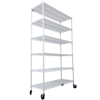 6 Tier 6000Lbs Capacity Nsf Metal Shelf Wire Shelving Unit, Heavy Duty Adjustable Storage Rack With Wheels & Shelf Liners For Commercial Grade Utility Steel Storage Rack - White