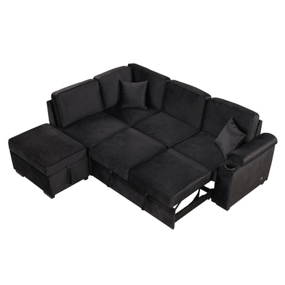 Sleeper Sofa Bed, 2 In 1 Pull Out Sofa Bed L-Shape Couch With Storage Ottoman For Living Room, Bedroom Couch And Small Apartment - Black