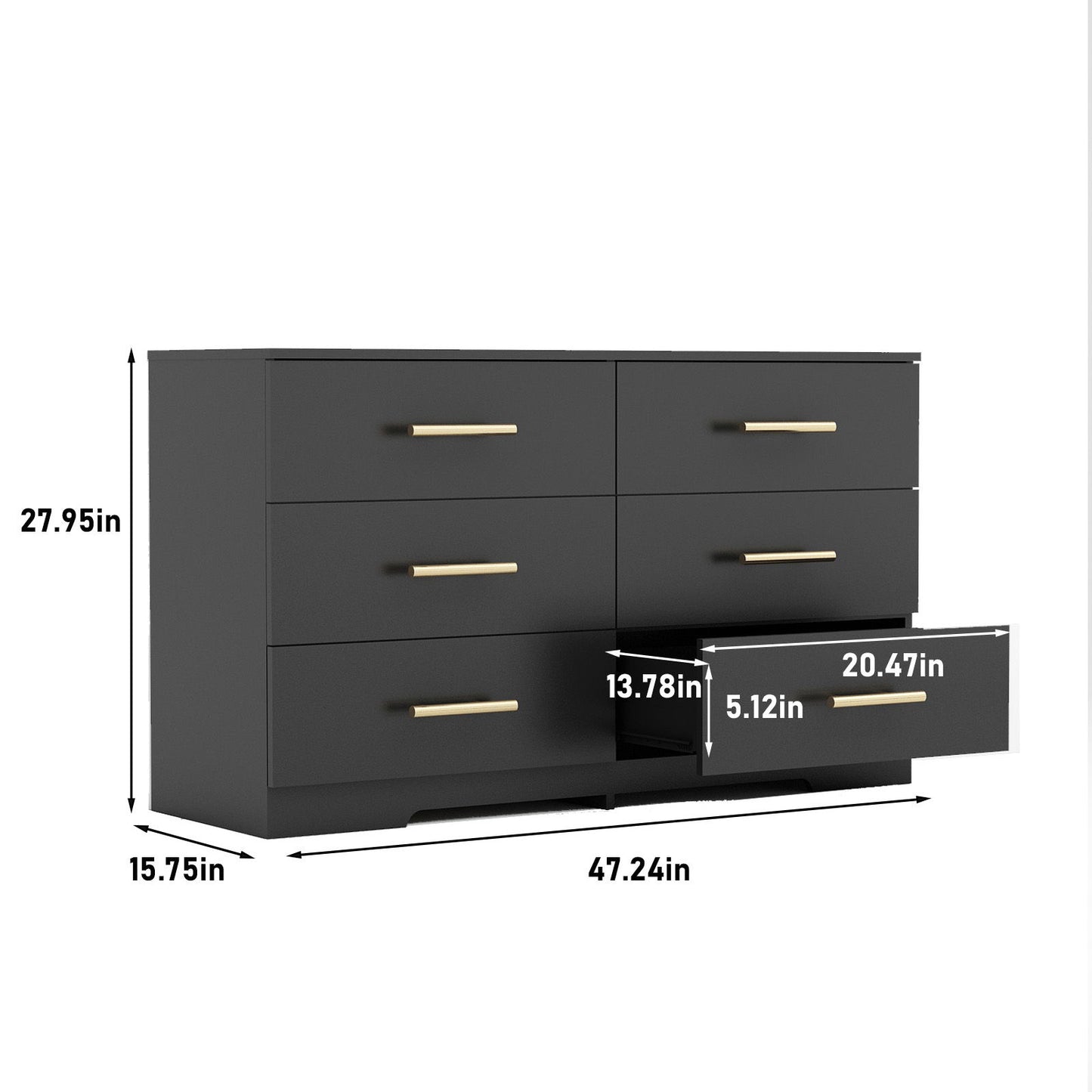 Large 6 Drawers Chest Of Drawer Dressers Table With Golden Handle - Black
