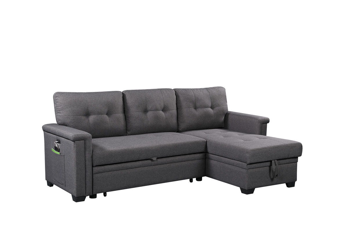 Ashlyn - Reversible Sleeper Sectional Sofa With Storage Chaise, USB Charging Ports nd Pocket - Dark Gray