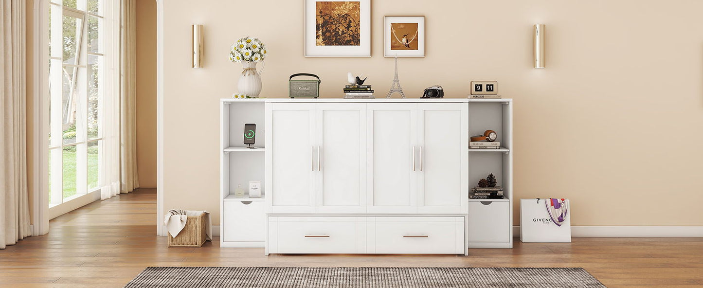Full Size Murphy Bed With Shelves, Drawers And USB Ports - White
