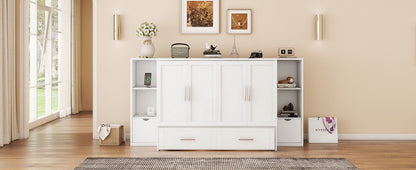 Full Size Murphy Bed With Shelves, Drawers And USB Ports - White
