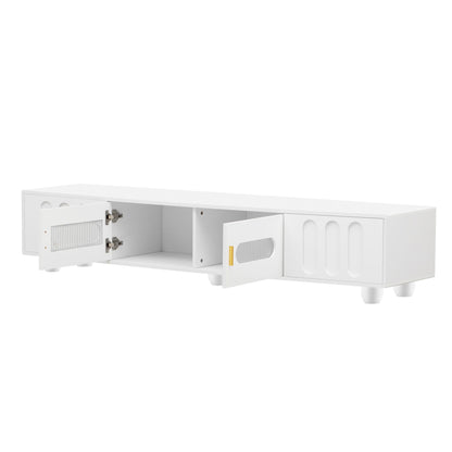 Modern TV Stand For TVs Up To 80", Entertainment Center With Glass Door, 2 Drawers And Cabinets, Wood TV Storage Cabinet With Solid Wood Legs And Metal Handles For Living Room - White