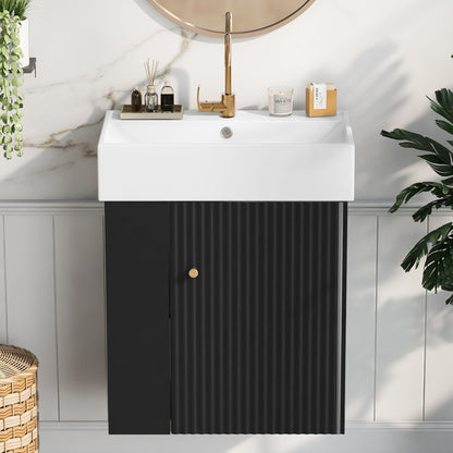 Modern Floating Bathroom Vanity With Ceramic Basin, Perfect For Small Bathrooms, Left Side Storage - Black