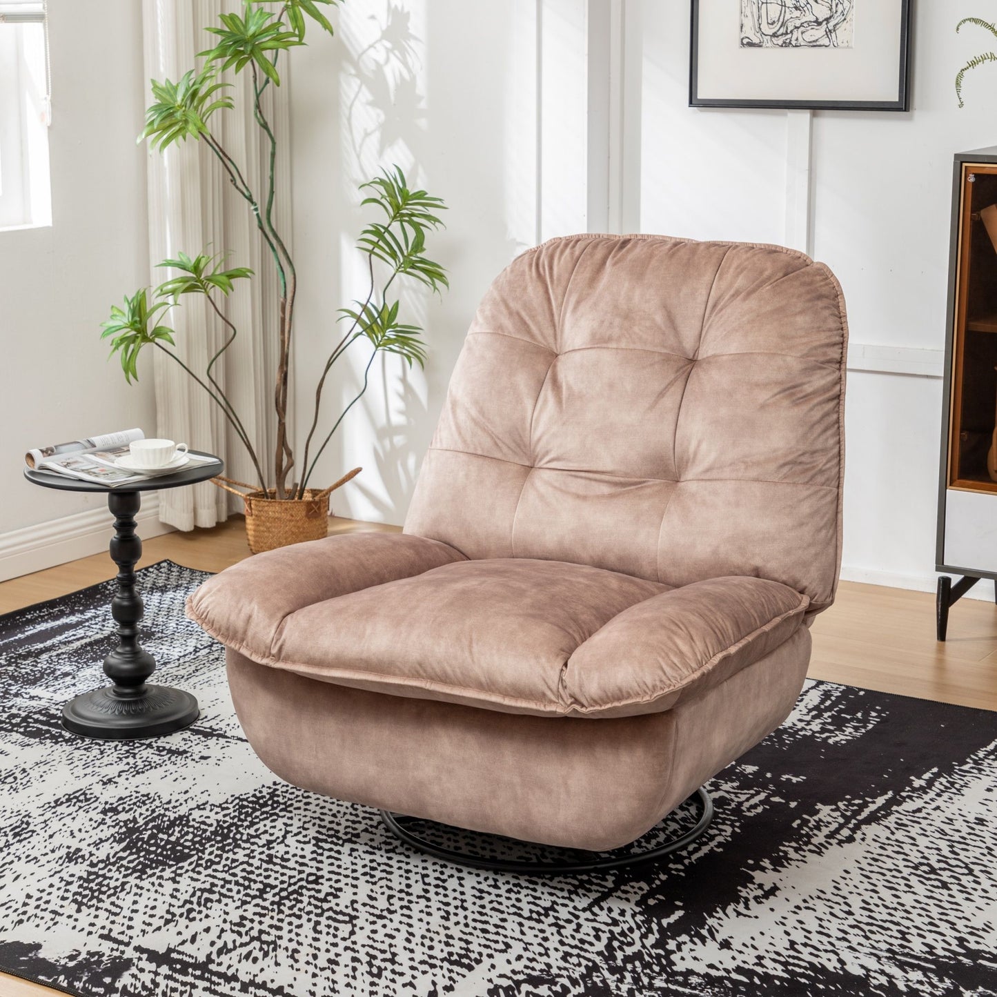 Modern Swivel Gliding Recliner Chair With Rocking Function And Phone Holder - Large Comfortable Reading Chair Stamped Velvet - Natural Brown