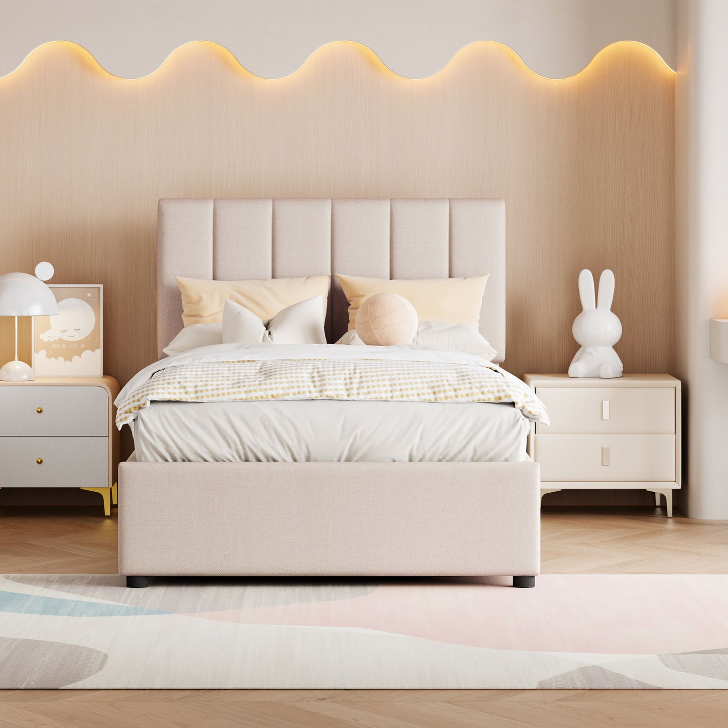 Twin Size Upholstered Platform Bed With A Hydraulic Storage System - Beige