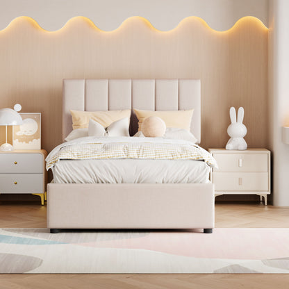 Twin Size Upholstered Platform Bed With A Hydraulic Storage System - Beige