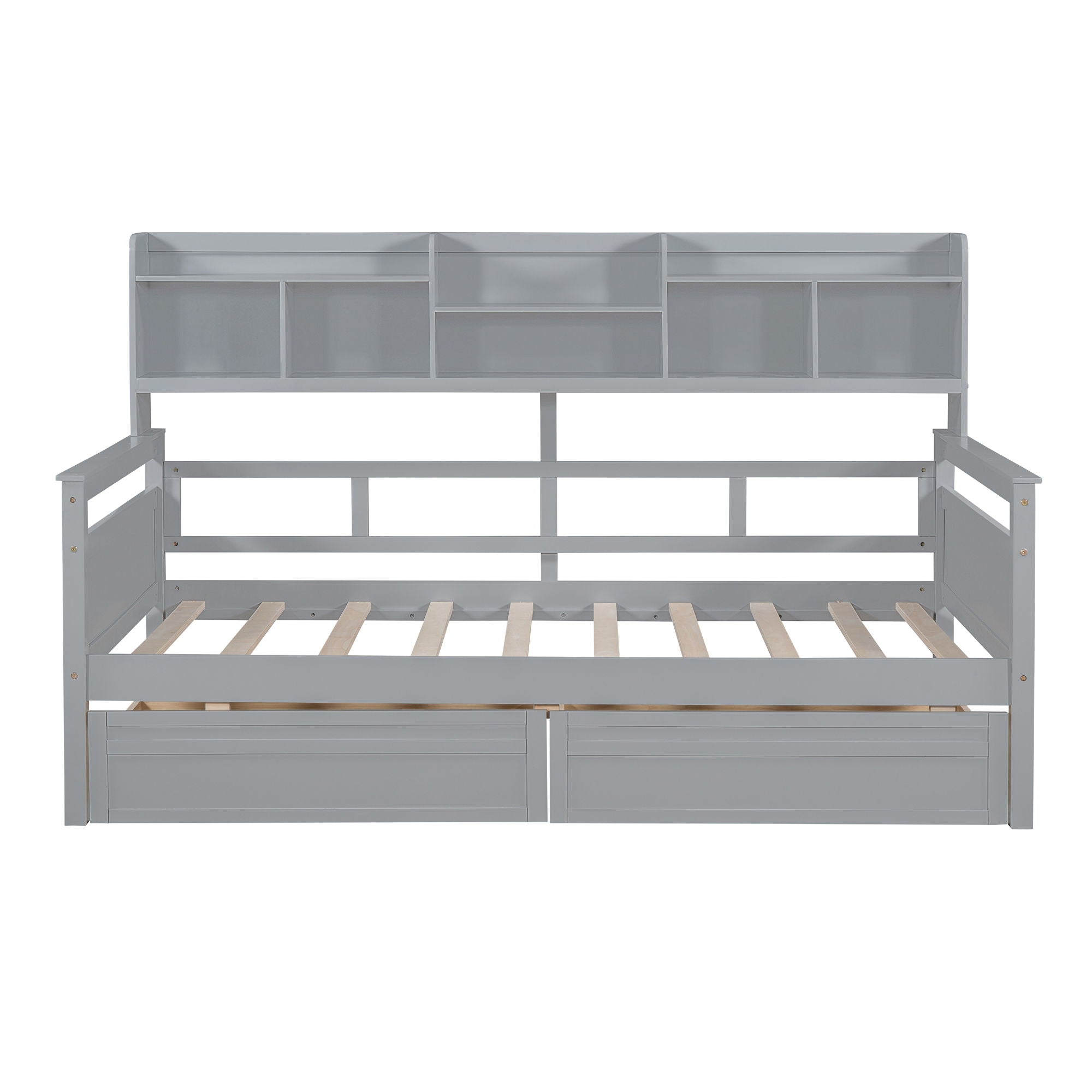 Twin Size Daybed, Slat Support, With Bedside Shelves And 2 Drawers - Gray