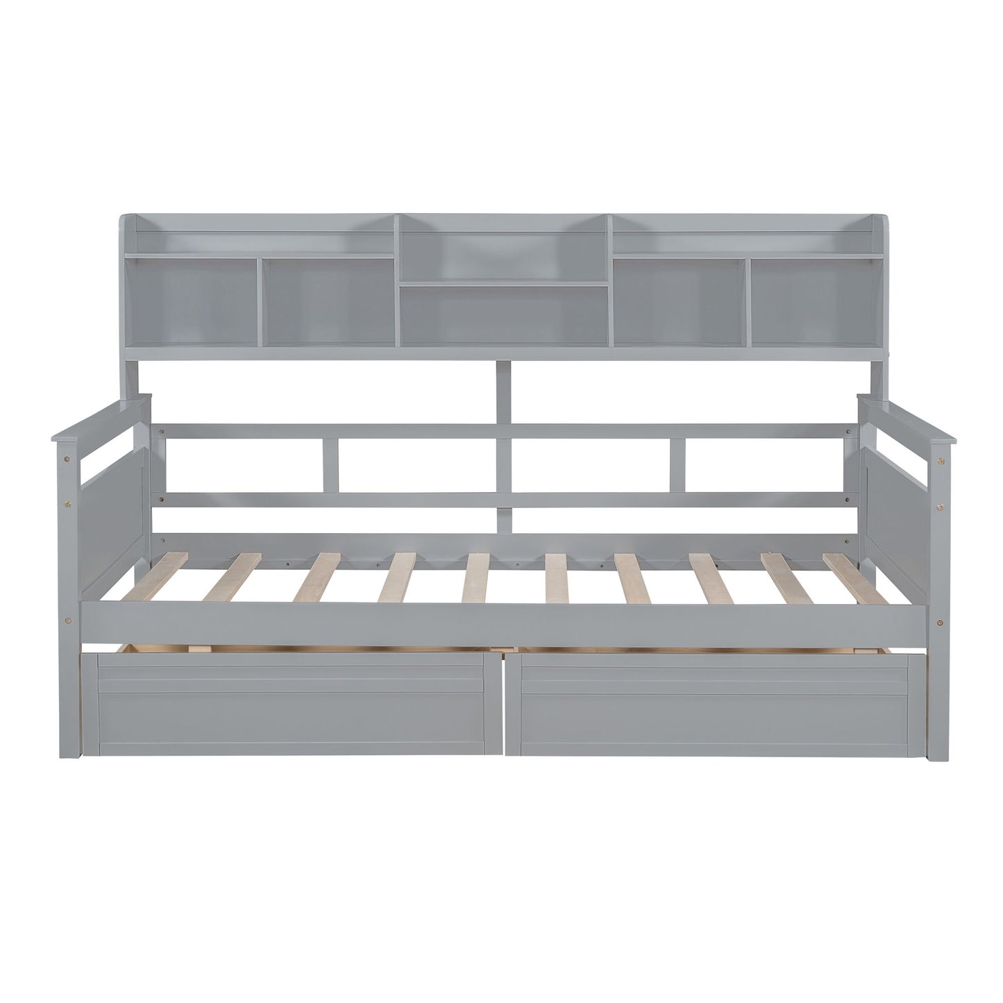 Twin Size Daybed, Slat Support, With Bedside Shelves And 2 Drawers - Gray