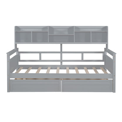 Twin Size Daybed, Slat Support, With Bedside Shelves And 2 Drawers - Gray