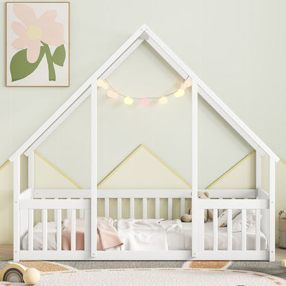 Twin Wood House-Shaped Floor Bed With Fence, Guardrails - White