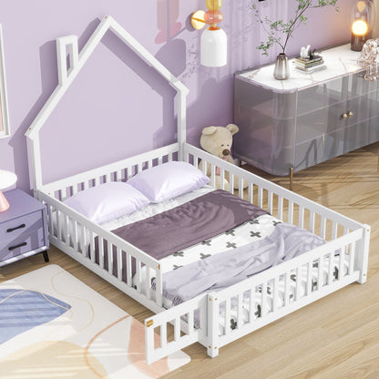 Full House-Shaped Headboard Floor Bed With Fence - White
