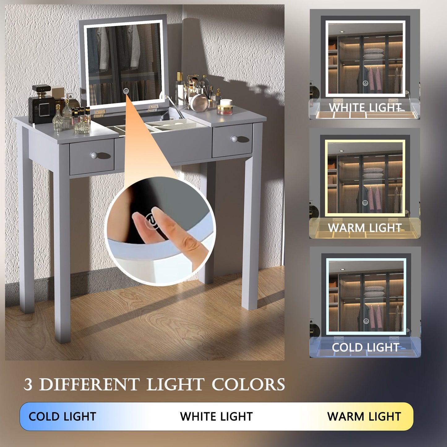 Vanity Table With LED Lights, Flip-Top Mirror And 2 Drawers, Jewelry Storage - Sleek Gray