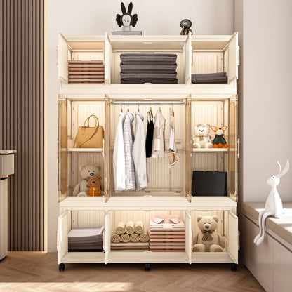 Portable Wardrobe Closet Storage Organizer With 12 Magnetic Doors, 12 Cubes & Hanging Rod - White