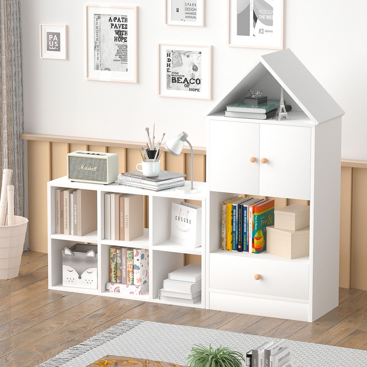 Versatile Kids Bookshelf With House-Shaped Design Multifunctional Storage, Durable - White