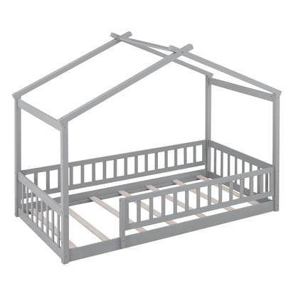 Twin Size Bed House Bed Frame With Fence - Gray
