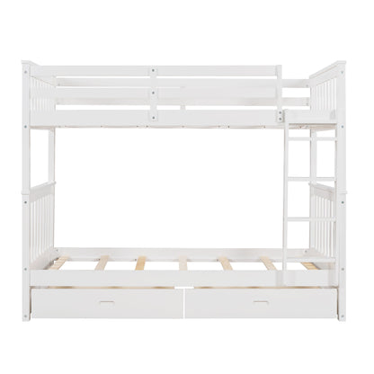 Twin Over Twin Bunk Bed With Ladders And 2 Storage Drawers - White