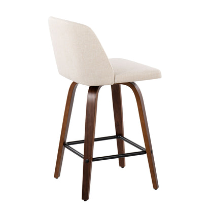 Toriano - Mid-Century Modern Fixed Height Counter Stool & Square Footrest (Set of 2) - Walnut / Cream