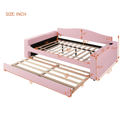 Full Size Upholstered Daybed With Storage Armrests, Trundle And Latest Integrated Bluetooth Audio System, Teddy Fleece - Pink