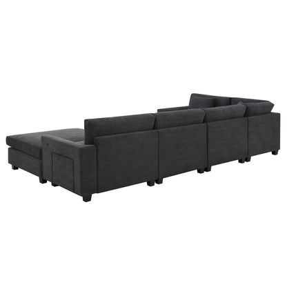 U Shaped Sectional Sofa 6 Seat Couch Set With Oversized Ottoman, Hidden Armrest Storage And Cup Holders USB Charging Ports Wide Seat Sofa - Black