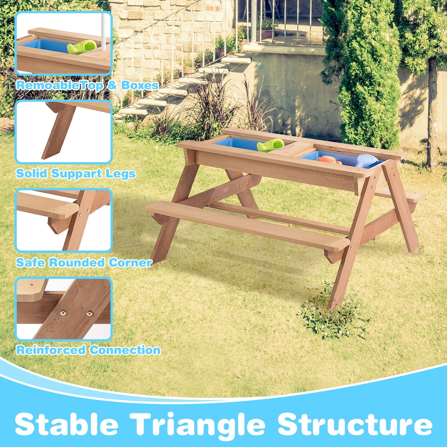 3-In-1 Kids Outdoor Wooden Picnic Table With Umbrella, Convertible Sand & Water, ASTM & CPSIA Certification - Natural Wood