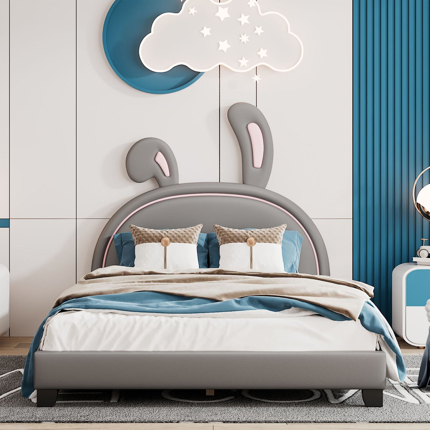 Full Size Upholstered Leather Platform Bed With Rabbit Ornament - Gray