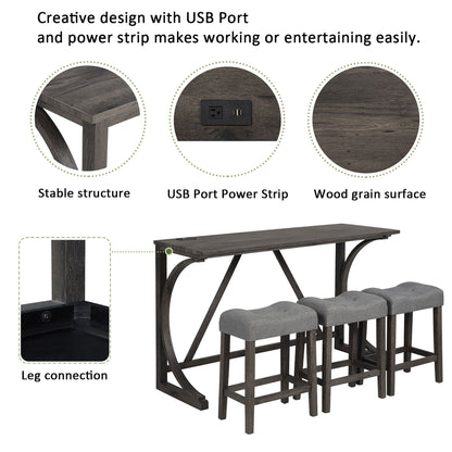 4 Piece Bar Table Set With Power Outlet, Dining Bar Table And Chairs Set, Bar Table Set With 3 Padded Stools For Living Room, Dining Room, Game Room - Dark Gray
