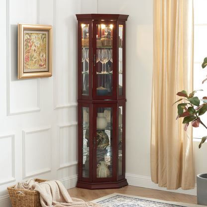 Corner Curio Cabinet With Lights, Adjustable Tempered Glass Shelves, Mirrored Back, Display Cabinet (E26 Light Bulb Not Included) - Cherry