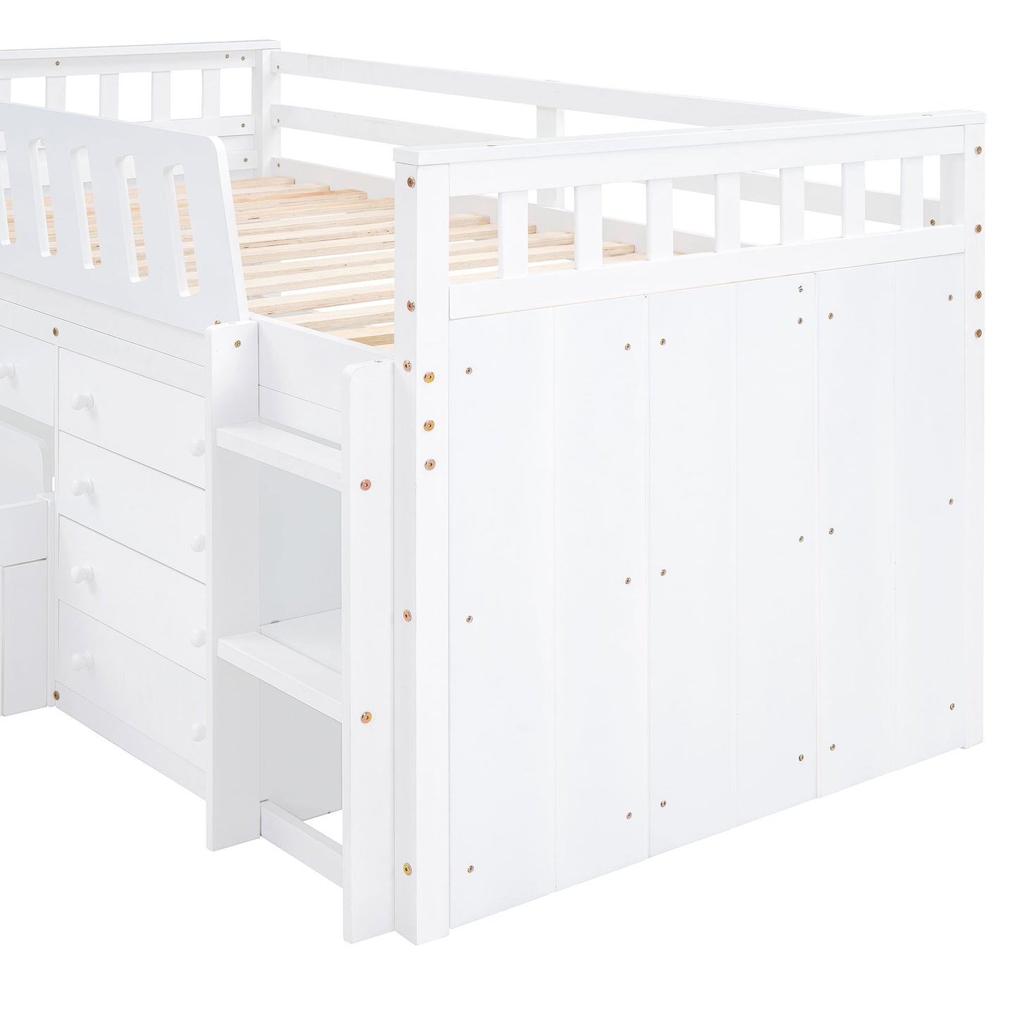 Twin Loft And Platform Bed With 7 Drawers And Full Guardrails, Modern L Shaped Space Savin - White