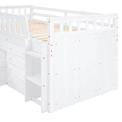 Twin Loft And Platform Bed With 7 Drawers And Full Guardrails, Modern L Shaped Space Savin - White