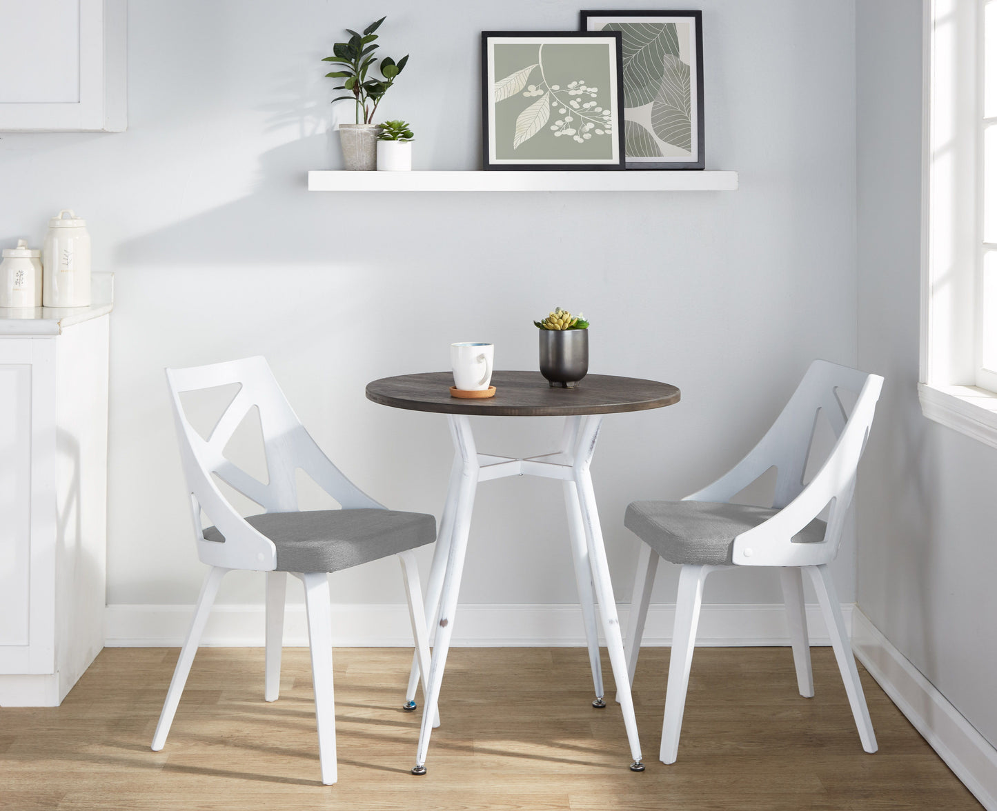 Clara Charlotte - 3 Piece Round Dinette Set With Rounded Top - White / Light Gray
