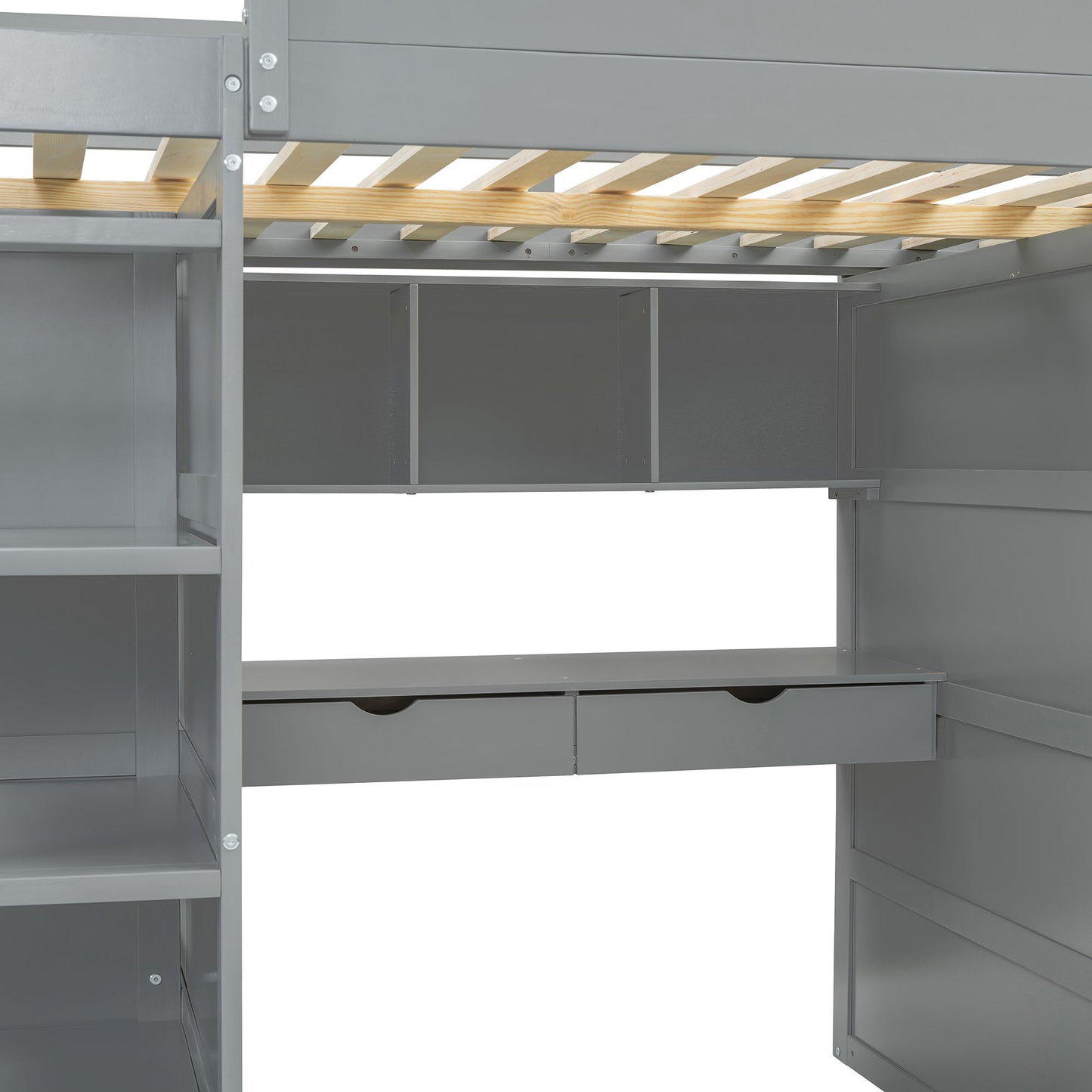 Full Size Loft Bed With Desk, Wardrobes, 4 Drawers And 4 Shelves - Gray