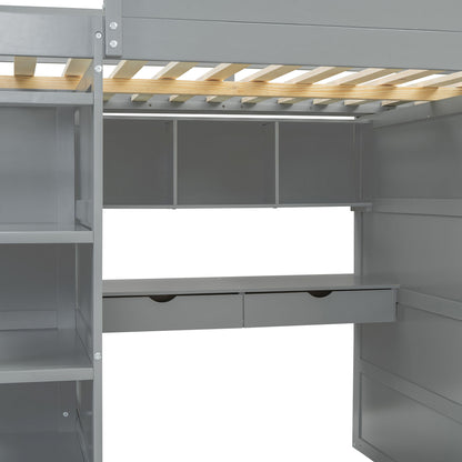 Full Size Loft Bed With Desk, Wardrobes, 4 Drawers And 4 Shelves - Gray