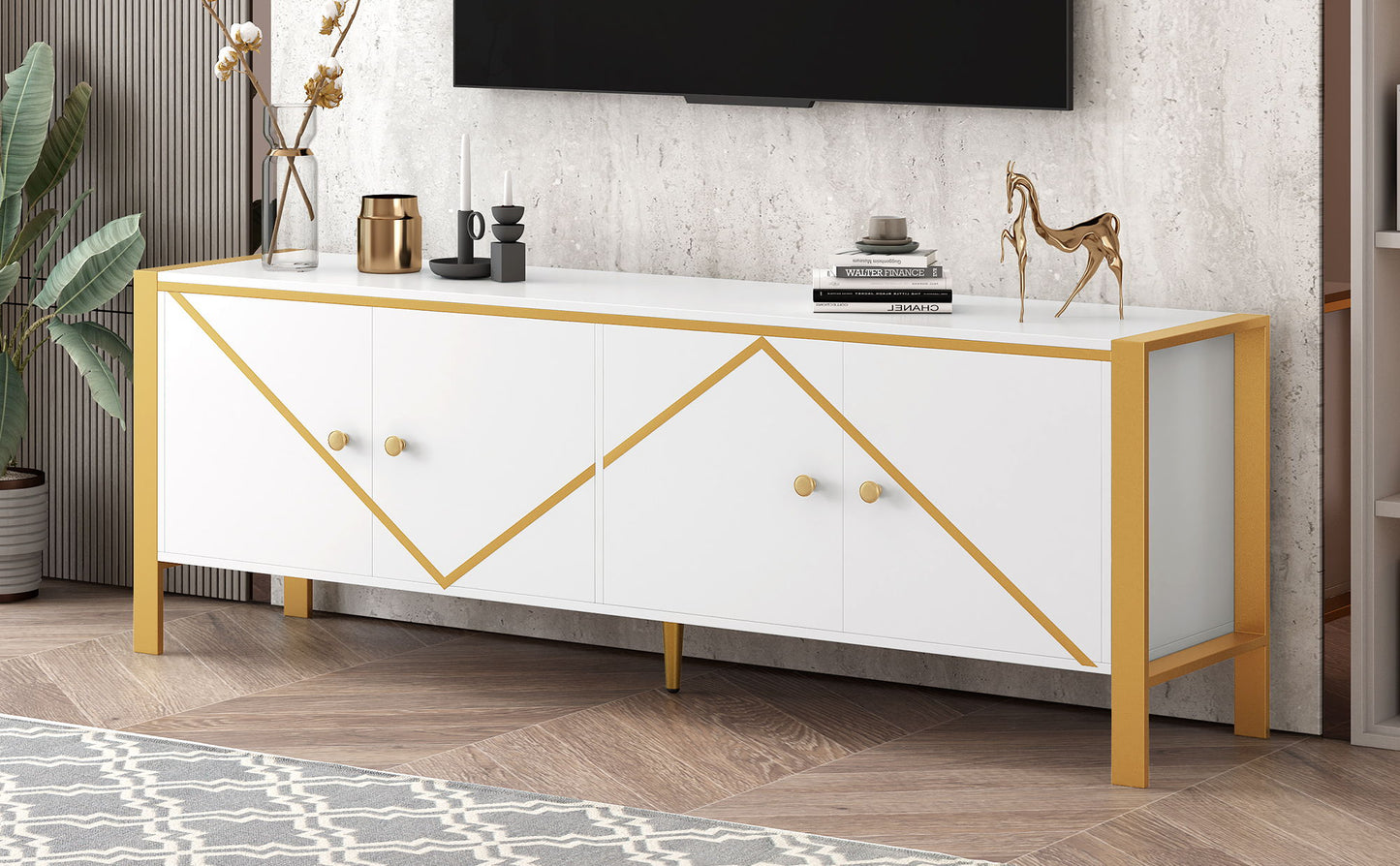 Modern Minimalist TV Stand For TVs Up To 75", Entertainment Center Media Console Cabinet With 2 Spacious Cabinets For Living Room - White