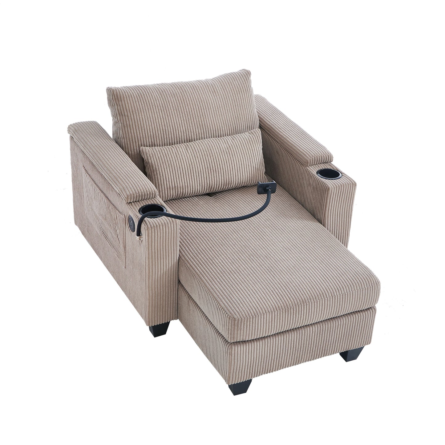 Convertible Chaise Lounge Sofa Chair With USB Ports, Cup Holders, Phone Holder, Storage - Brown