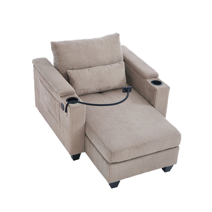 Convertible Chaise Lounge Sofa Chair With USB Ports, Cup Holders, Phone Holder, Storage - Brown