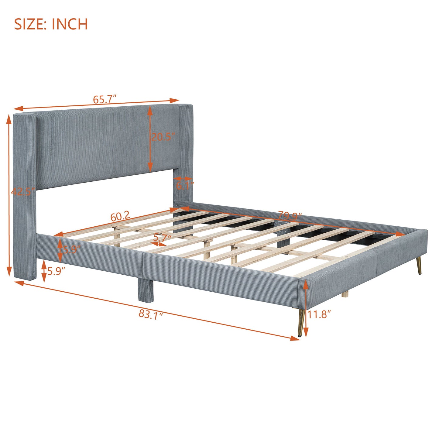 Queen Size Platform Contemporary Bed With Legs - Gray