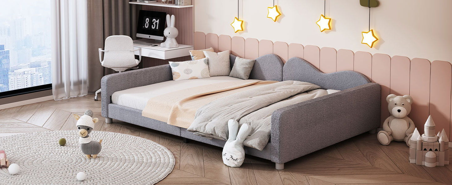 Full Size Upholstered Daybed, Sherpa Fabric Sofabed With Cloud-Shaped Backrest, No Box - Spring Needed - Gray