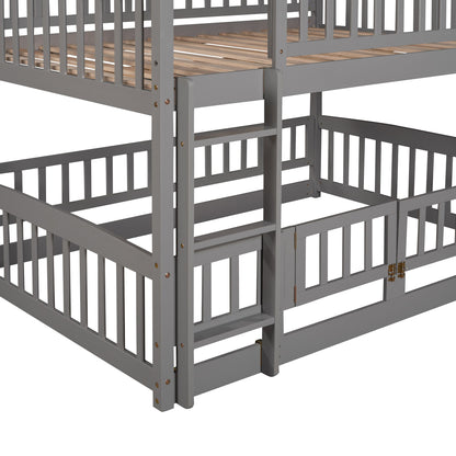Full Over Full Low Bunk Bed With Slide, Fence And Ladder - Gray