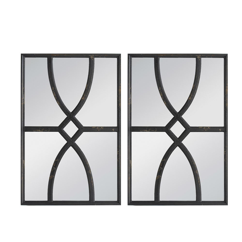 Rectangular Wooden Wall Mirror With Antique Frame, Vertical Or Horizontal Home Decor For Living Room (Set of 2) - Black