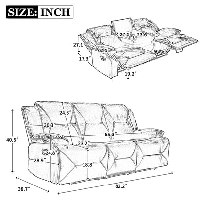 3 Seater Home Theater Recliner Manual Recliner Chair With A Led Light Strip Two Built-In Cup Holders For Living Room - Gray