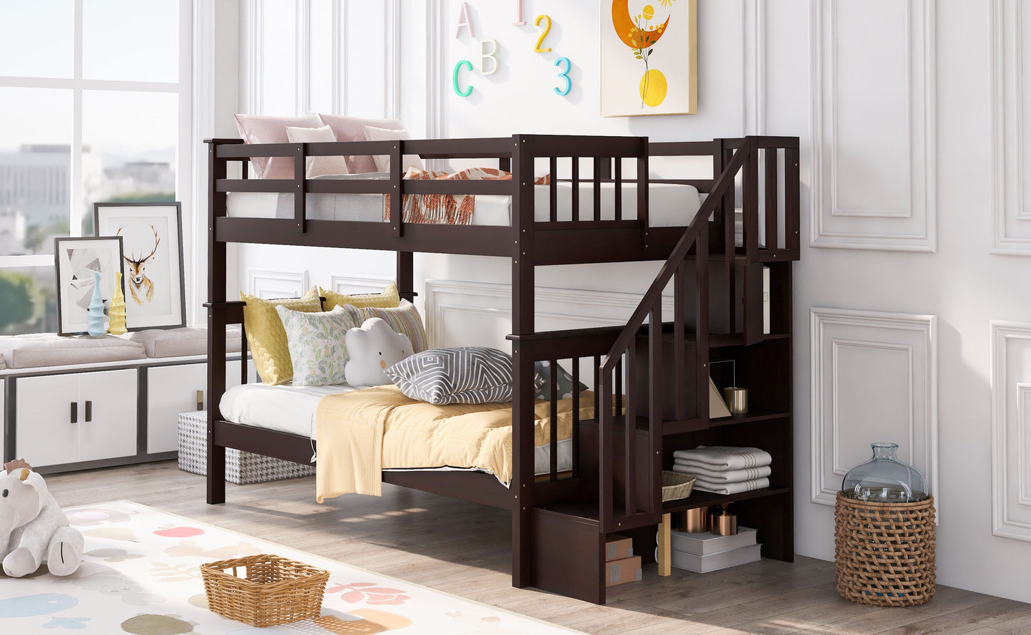 Twin Over Twin Stairway Bunk Bed With Storage And Guard Rail For Bedroom - Espresso