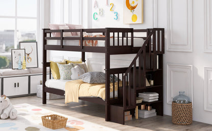 Twin Over Twin Stairway Bunk Bed With Storage And Guard Rail For Bedroom - Espresso
