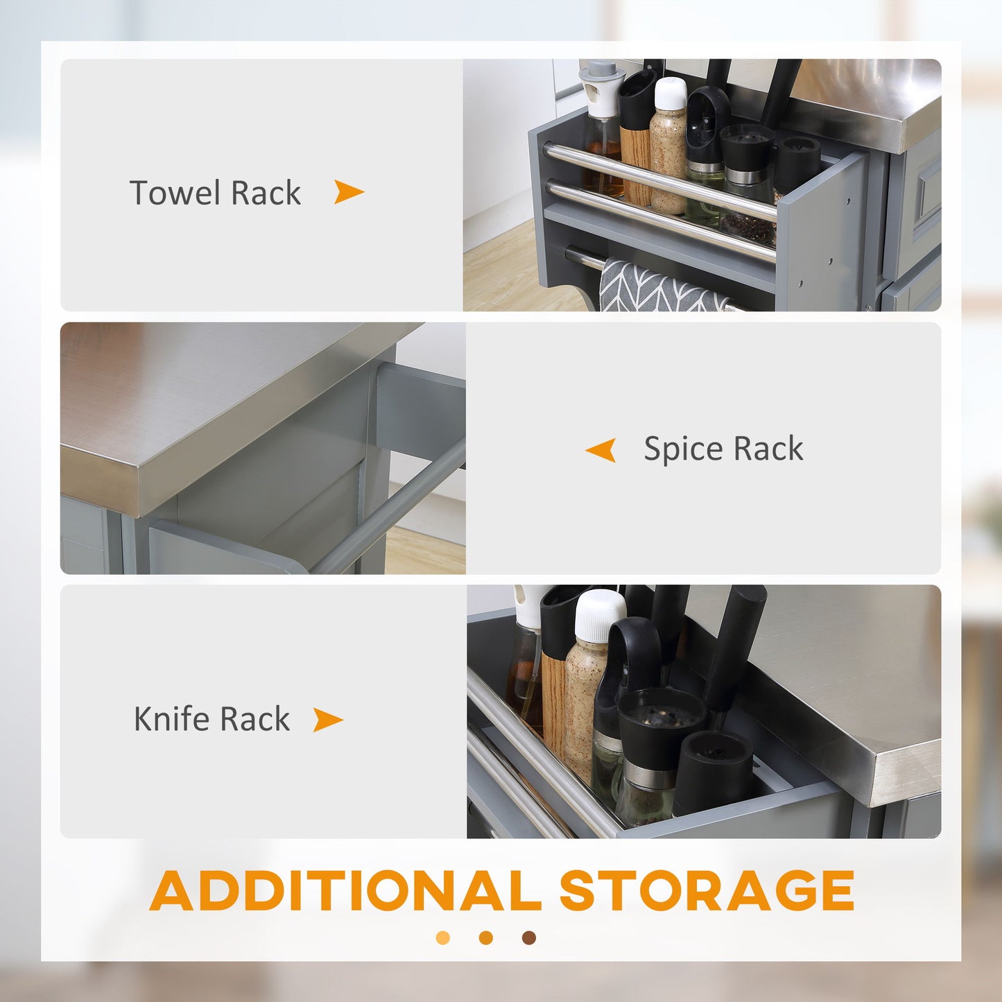Homcom - Rolling Kitchen Island With Storage, Portable Kitchen Cart With Stainless Steel Top, 2 Drawers, Spice, Knife And Towel Rack And Cabinets - Gray